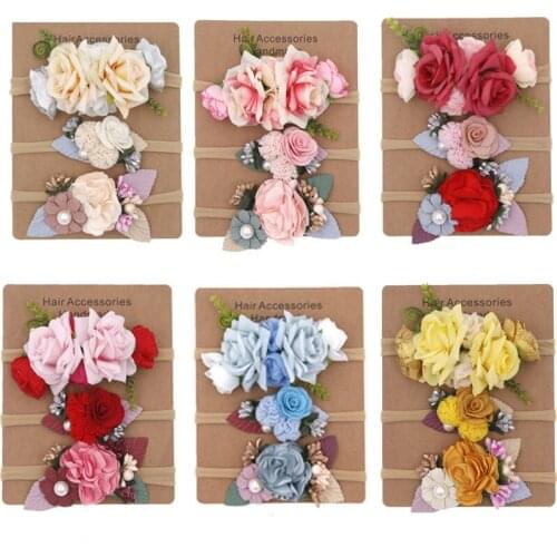 3Pcs/Set Artificial Flower Baby Girl Headband Nylon Elastic Flower Girl Hair Accessories Baby Shower Newborn Photography Props