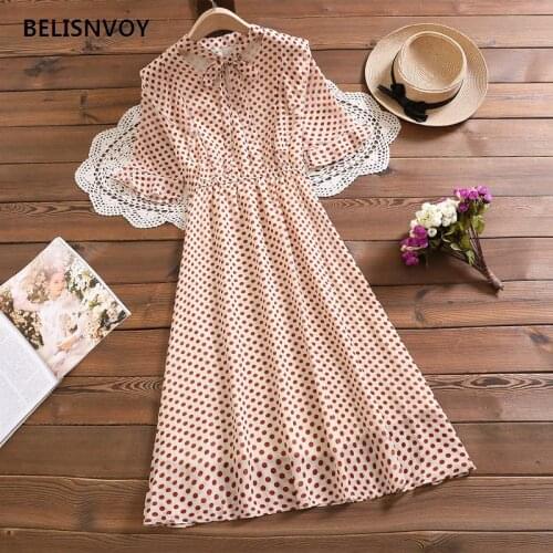 Chic Summer Dresses Women V-neck Lace-up Chiffon Ruffles Polka Dot Printed Midi Dress Elegant Retro Leisure Party Robe Femme
