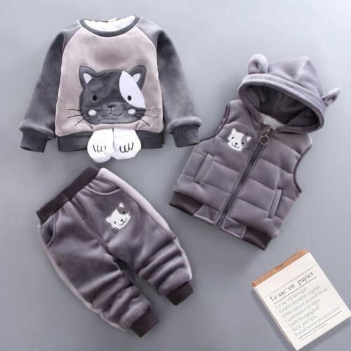 Baby Boys Girls Warm Set Winter Cartoon cat Kids Thickening Hooded Vest+Sweater+Pant Three-piece Sport Suits Children Clothing