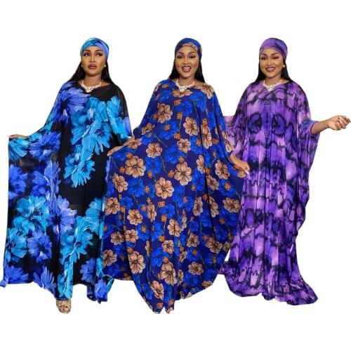 Tilapia chiffon summer women plus size maxi long dress deep color print with inner headtie scarf three parts for travel