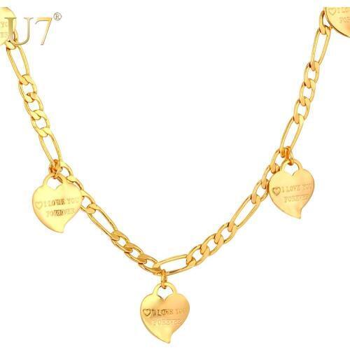 U7 Women Necklace Chain Gold Color Trendy Women Jewelry Wholesale Love Heart Link Chain Valentines Gift For Women N493