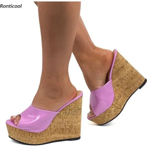 Ronticool Women Summer Mules Sandals Patent Leather Wedges Heels Open Toe Gorgeous Pink Violet Party Shoes Size 35 43 45 47 52