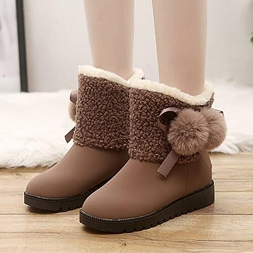 Women Suede Ankle Boots Ladies Fur Snow Boots Flat Plush Bowknot Slip On Winter Platform Female Warm Comfort Shoes 2021 Flock