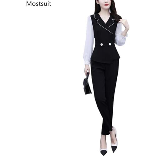 Autumn Elegant Two Piece Set For Women Plus Size Long Sleeve Tunic Turn Down Collar Tops + Elastic Waist Pant Sets Suits Korean