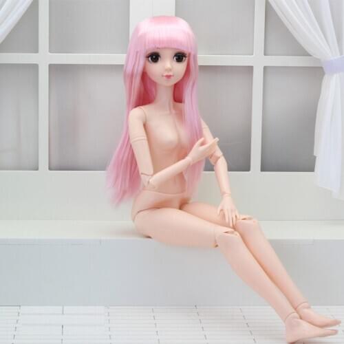 1/3 23 inch Doll With Bang Pink Straight Hair Female Figure Body Naked Body Moveable Joints 3D Real Eyes Princess Doll For Girls