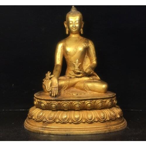 11"Chinese temple collection Old Bronze Gilt Medicine Buddha Shakyamuni Buddha Sitting Buddha Amitabha Enshrine the Buddha