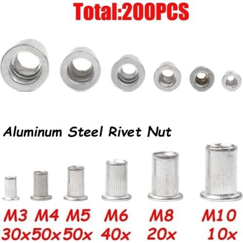 200PCS Aluminum Alloy Rivet Nuts M3 M4 M6 M8 M10 Flat Head Rivet Nuts Set Nuts Insert Riveting