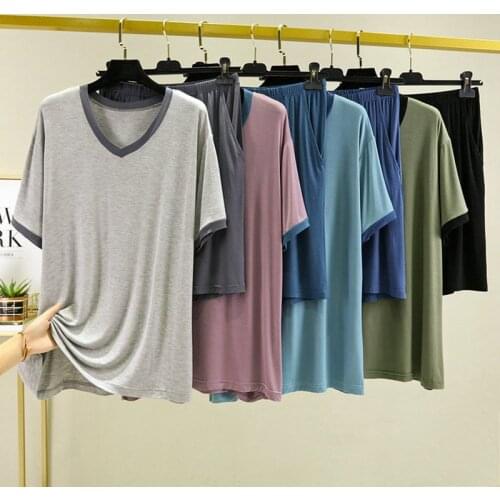 2021 Summer Modal Cotton Mens Pajamas Sets Plus Size V Neck Home Clothes For Men Short Sleeve Loose Lounge Wear Sleepwear Suit