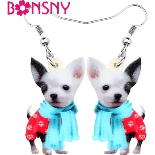 Bonsny Acrylic Scarf Chihuahua Dog Earring Animal Drop Dangle Jewelry For Girl Women Teen Kid Charm Gift Accessory Hot Sale Bulk