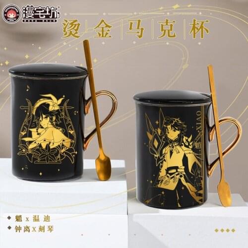 Anime Genshin Impact Paimon Xiao Keqing Zhongli Hu Tao Ceramic Coffee Water Mug Cup Gold Stamping Unisex Spoon + Cup + Lid New