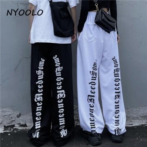 NYOOLO Vintage Streetwear Goth Letter Print Pockets Elastic High Waist Oversized Straight Pants Women Men Hip Hop Punk Trousers