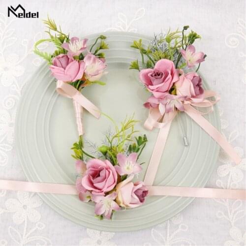 Meldel Wedding Groom Boutonniere Buttonholes Bride Wrist Bracelet Hand Flower Wedding Flowers Accessories Prom Suit Corsage Pins