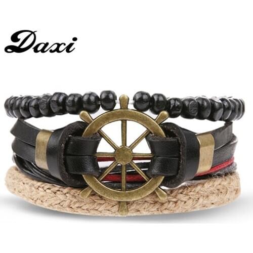 DAXI Rudder Beads Vintage Multi-Layer Leather Bracelet MenS Classic Rope Chain Charm Bracelets MenS Jewelry Gift
