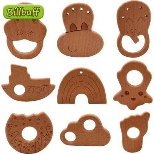 Baby DIY Wooden Teethers Food Grade Beech Wood Donuts Animals Truck DIY Pacifier Chain Wooden Baby Teether Toys for Newborn Gift