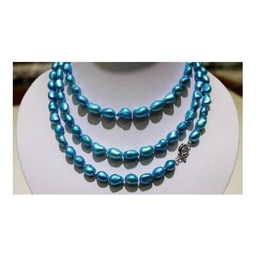 Long freshwater pearl necklace Turquoise Blue Baroque 9x11mm 50" metal clasp