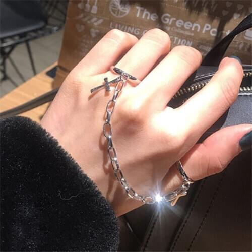 Silver Color Plated Retro Punk Hip-Hop Cross Ring Hand Finger Chain Adjustable Rings Jewelry Gift for Men Women Unisex Ring
