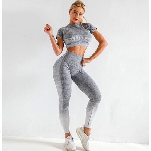 NORMOV Fitness Women Sets Seamless O Neck Short Tops And High Waist Push Up Trousers Print Spandex Suit Casual Femme Sets
