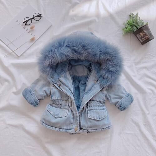 2021 New Winter Autumn Baby Girls Zipper Denim Jacket Children Large Fur Collar Windproof Jacket Clothes Baby Boys Clothes 2-6Y