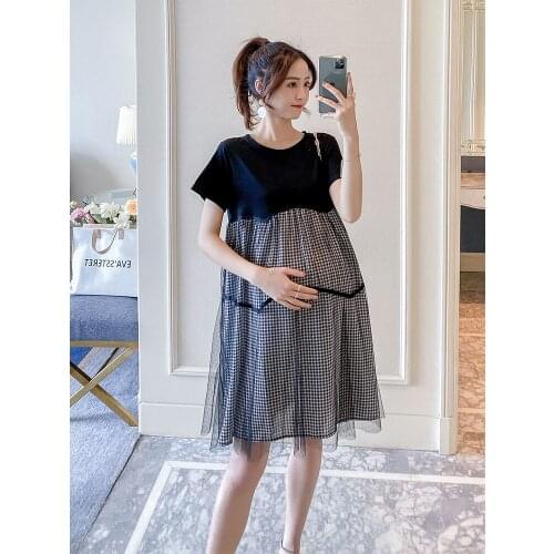 Summer New Short-sleeved Fashion Pregnant Women Cotton Shirts Plaid Patchwork Mesh Long Loose Maternity Blouses Wholesale