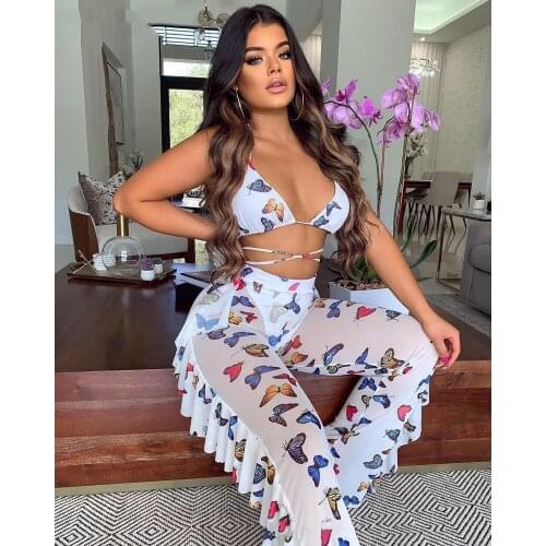 Summer Sexy Bikinis 2021 Woman See Through Lace Open Beach Hollow Out 2 Piece Bikini Top Group Long Pants Slim Women 3 Piece Set