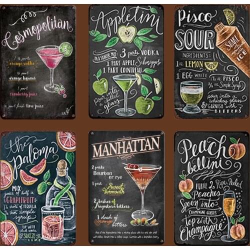 Metal Poster Tin Sign Decor Bar Restaurant Kitchen Art Wall Metal Plaque Signs Cocktail Mojito Decoration Accessories Plates