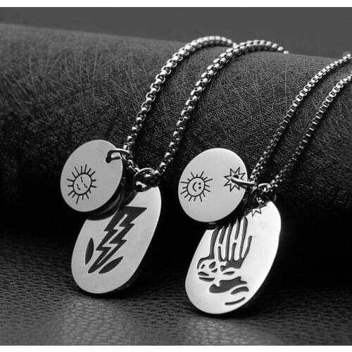 Fashion sun smiley double pendant lightning street retro personality wild titanium steel men and women necklace