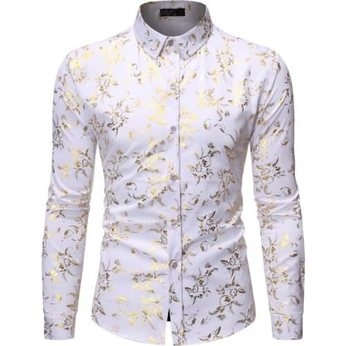 White Men Shirt 2021 Luxury Gold Floral Print Mens Dress Shirts Slim Fit Long Sleeve Chemise Homme Streetwear Hawaiian Shirt Man