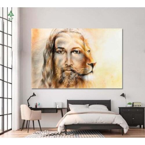 Eye Contact With Jesus Christ And Lion Wall Art Oil Painting Home Decor Wall Hanging