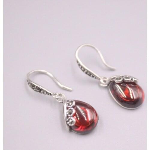 Genuine Real 925 Sterling Silver with Pear Red Garnet Dangle Earrings 1.14inch Length