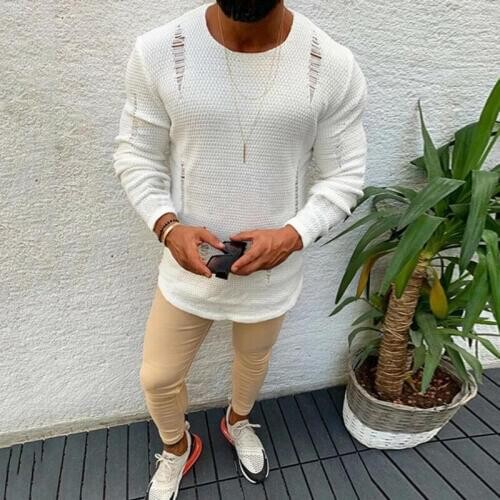 Newest 2020 Men Ripped Knitwear Sweater Male Plain O-Neck Long Sleeve White Sweater Plus Size S-2XL
