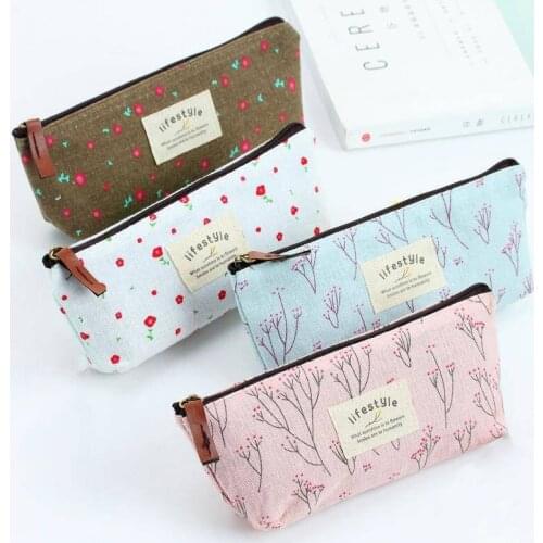 Floral Flower Canvas Zipper Pencil Cases Lovely Fabric Flower Tree Pen Bags School Supplies Stationery
