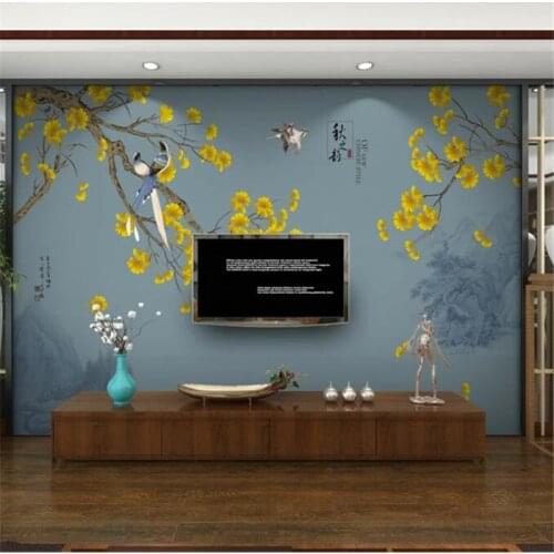Custom wallpaper 3d mural new Chinese ginkgo hand-painted flowers and birds TV background wall decorative painting 3d wallpaper