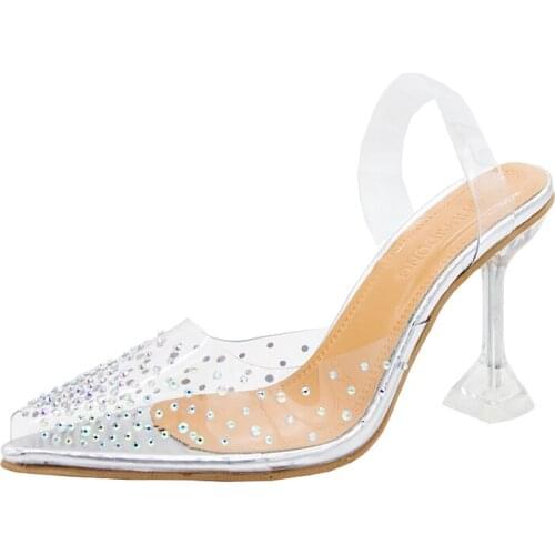 Sexy Transparent Sandals Women Pumps Pointed Toe Stiletto Ankle Strap Shoes Woman Rhinestone Sandals Ladies Shoes Zapatos Mujer