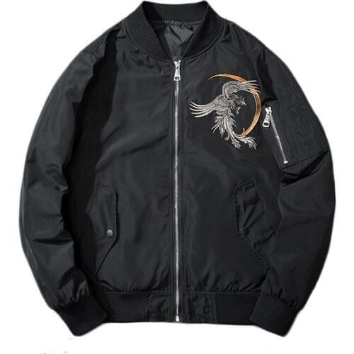 SRTM Mens Black Bomber Jacket Phoenix Moon Embroidery Floral Aviator Jacket Military Style Baseball Jacket For Men Flight Coat