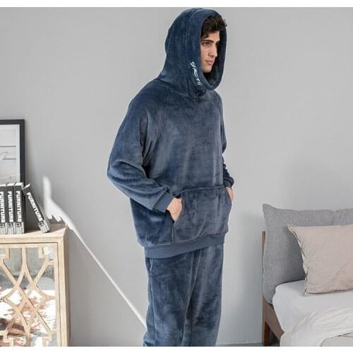 Thick Flannel Men Pajamas Sleepwear Coral Fleece Pyjamas Hoodies Two Piece Home Service Autumn Winter Warm Lounge Wear PJS