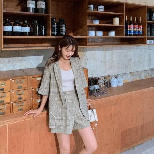Vintage Plaid Shorts Suit Set Womens Outfit Office 2 Pieces Set Casual Short Sleeve Blazer Korean Clothing