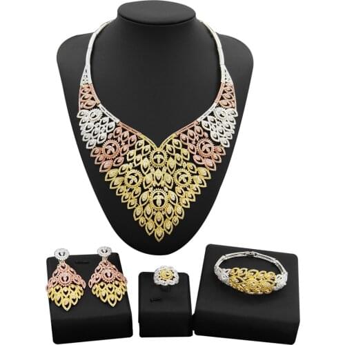Yulaili Top Quality Dubai Gold Jewelry Sets Full Crystal Big Necklace Stud Earrings Bracelet Ring For Women Wedding Jewelery Set