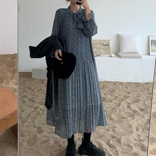 Women Dresses Vintage Floral Elegant Maxi Dress Long Sleeve Bow Collar Female Chiffon Dresses Plus Size Vestidos 22 Colors