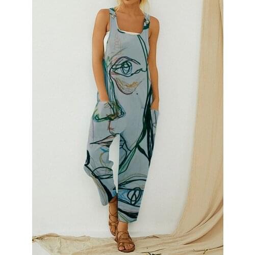 2021 Summer Abstract Print Loose Womens Overalls New Cotton And Linen Women Button Straps Jumpsuits