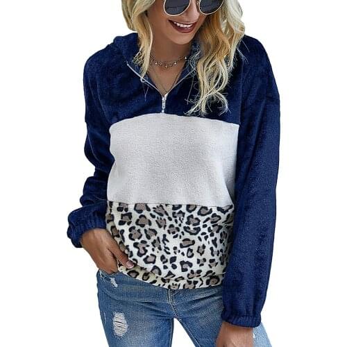 Leopard Patchwork Autumn Winter 2021 Ladies Plush Hoodies Sweater Women V-neck Full Sleeve Jumper Pullovers Top Pink Black