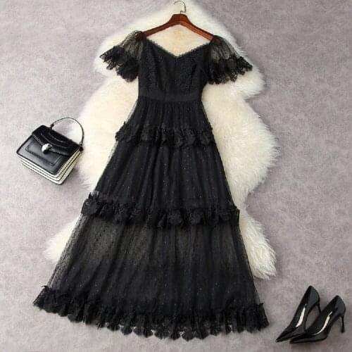 Women sexy black mesh dress summer 2021 designer runway fashion high quality ruffles patchwork white lace party dresses vestidos