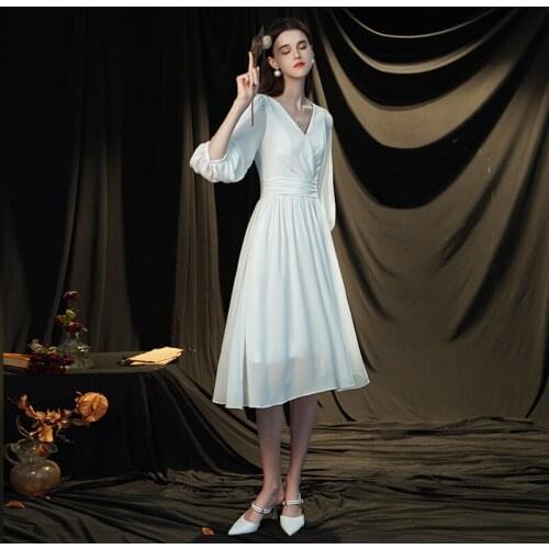 Bridesmaids Dresses Vintage V-Neck Three Quarter Knee-Length Pleat Jersey A-Line Luxury Elegant Women Wedding Party Gown E732