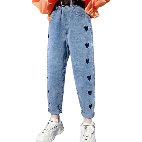 Jeans For Girl Heart Pattern Girls Jeans 2021 Newest Kid Jeans Spring Autumn Childrens Clothing 6 8 10 12 14