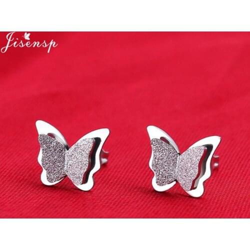 Jisensp Cute Romantic Style Butterfly Stainless Steel Stud Earrings Female Earrings Crystal Double Layer Animal Earrings Jewelry