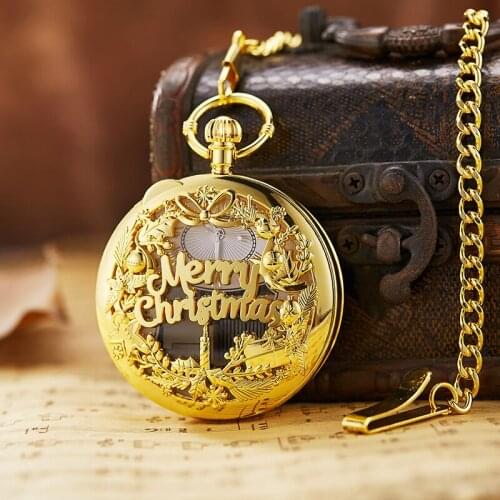 Merry Christmas Gift Hollow Hand Crank Music Roman Numerals Pocket Watch Full Luxury Gold Color Men Women Stylish Watches PW004