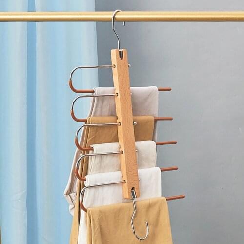 5 Layers Hanger for Clothes Wardrobe Closet Organizer Jeans Pants Non Slip Bedroom Organizador Solid Wood Hanger Space Saving