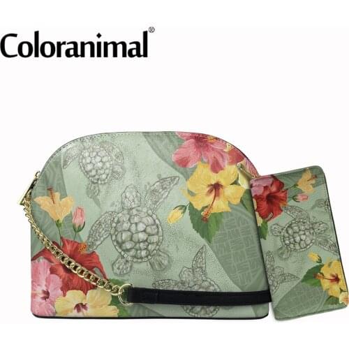 Fashion Hawaii Turtle Hibiscus Tink Style Crossbody Bag for Women Designer Leather Mini Shoulder Bag Lady Chain Sling Bag 2Set