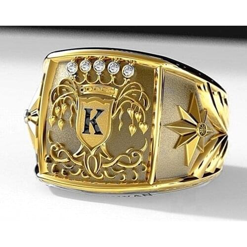 Big Square Shield White Zirconia Ring Gold Color Peace Star Men Rings Hip Hop Finger Accessories Jewelry For Male Birthday Gift