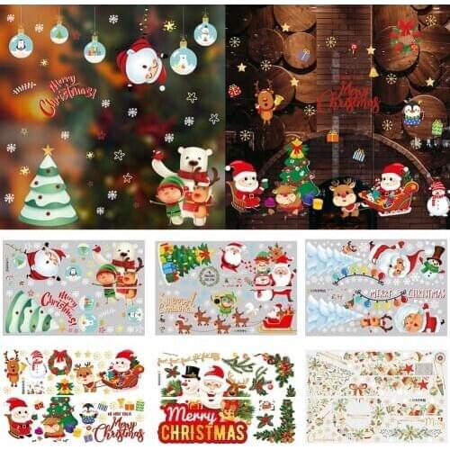 Cute Christmas Tree Santa Snowflake Elk Wall Sticker Self Adhesive Window Glass Doors Decal Xmas Party Decoration Poster