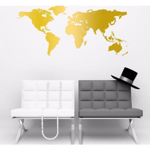 Nordic Style 3D Golden World Map Wall Stickers For Kids Rooms Bedroom Living Room Poster 55*130cm Carved Art Vinyl Wall Decals